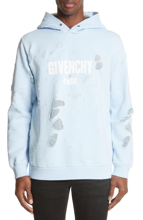 givenchy hoodie light blue ripped|givenchy destroyed hoodie.